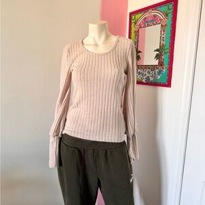 Beige Long Sleeve Ribbed Puff Sleeve Top